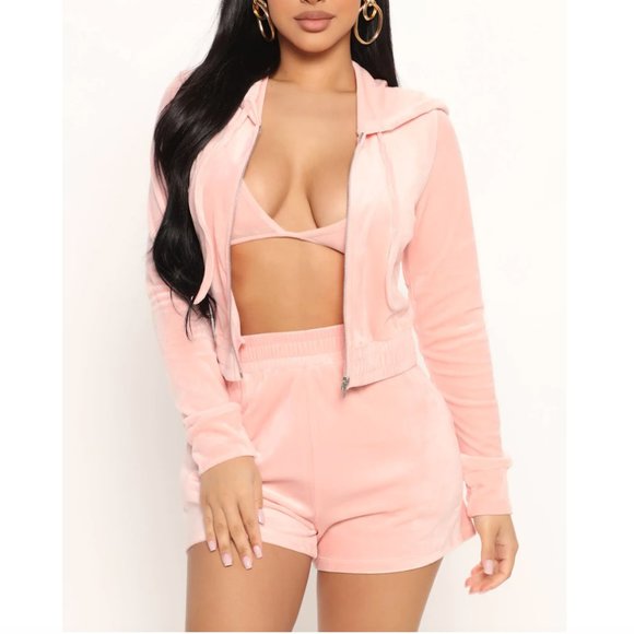 FashionNova Feeling Fortunate 3 Piece Velour Short Set - Peach - Picture 1 of 9